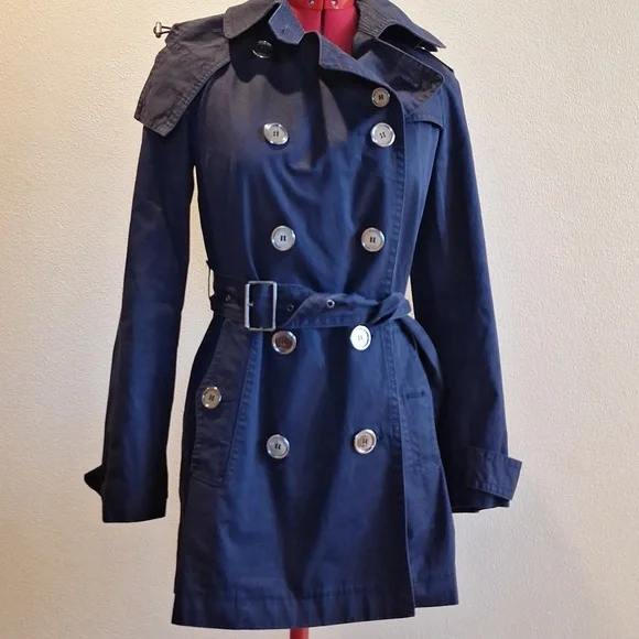 Spring Showers Brit Burberry Navy Double-Breasted Trench Coat Size 4 - Picture 1 of 13